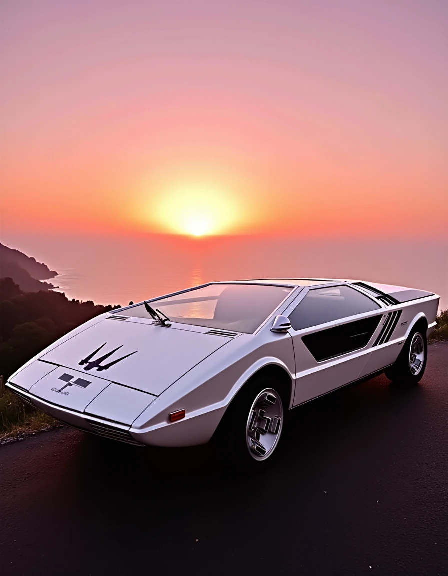 mas3r,1972 Maserati Boomerang in a pearl white color, parked on a coastal cliff with the sunrise casting a gradient of warm colors—reds, oranges, and purples—across the sky and car. The car's reflective body catches the subtle shifts in light, creating a beautiful spectrum effect that enhances its sleek, futuristic design