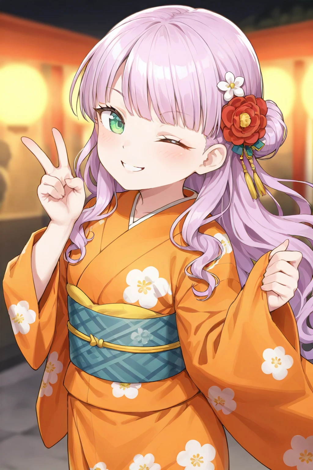 <lora:MargareteWien:0.8>, Margarete Wien, girl, japanese clothes, one eye closed, hair ornament, kimono, solo, v, orange kimono, hair flower, flower, smile, obi, sash, looking at viewer, yukata, floral print