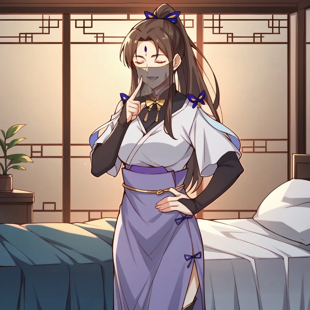 score_9_up, score_8_up, score_7_up, source_anime, 1girl, solo, night, indoors, dimmed light, Chinese bedroom, standing, hand on hip, index finger up, closed eyes, smile, parted lips, Xia_Ning, Shang_Alt, brown hair, long hair, ponytail, brown eyes, mouth veil, forehead mark, high-waist skirt, alt purple skirt, boots, chinese clothes, white shirt, blue shawl, short sleeves, white sleeves, wide sleeves, alt elbow gloves, fingerless gloves, alt black gloves, black collar, alt yellow bowtie, hair ribbon, thigh boots, black footwear, see-through skirt, long skirt, mature body, dynamic cowboy shot, 