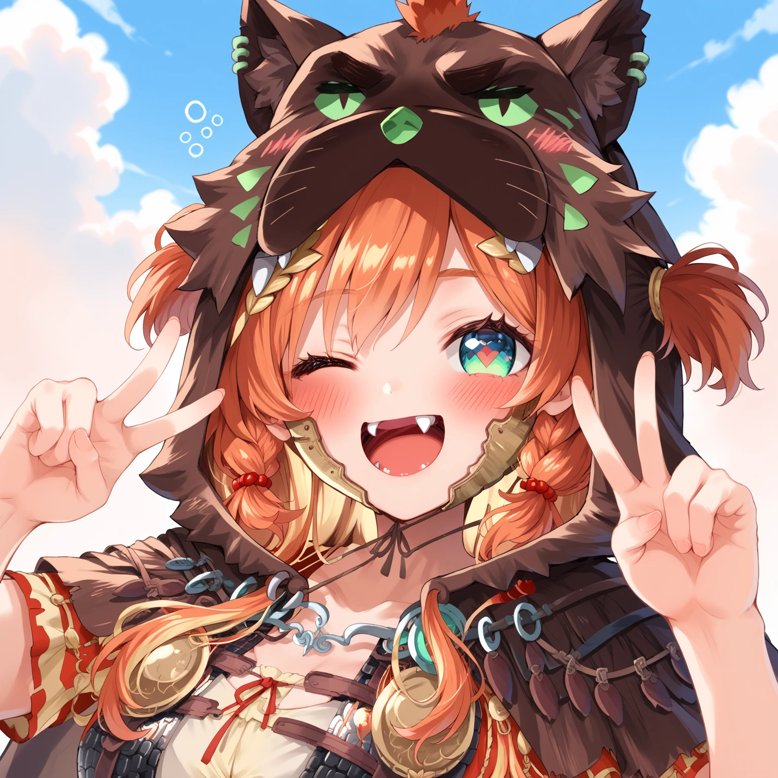 score_9, score_8_up, score_7_up, score_6_up, score_5_up, score_4_up, source_anime, rating_safe, BREAK
m0zu, 1girl, solo, portrait, multicolored eyes, orange hair, 
laurel crown, armor, 
brown cape, hood, double v, one eye closed, open mouth, fangs, happy, blush, drunk,
sky, 
 <lora:mozumi-roman_m0zu_v1:1>