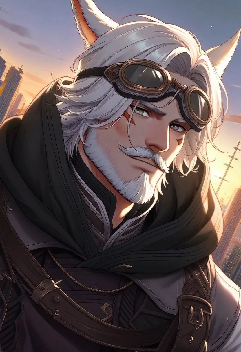 pearlescent, cid nan garlond, gentlebean_ffxiv , 1boy, male focus, grey eyes, facial hair, beard, solo, goggles, white hair, miqo'te, cat ears, animal ears, goggles on head, jewelry, mustache, hood, hoodie, outdoors, city view, looking at viewer, cinematic angle, cinematic lighting,, cinematic angle, cinematic lighting, dynamic pose, masterpiece