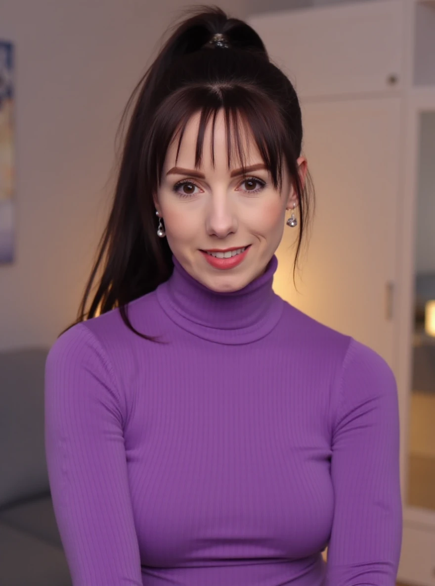 Portrait photo of bl4ckb33lili woman, purple turtleneck blouse, in a bedroom, slight smile, makeup, ponytail, lipstick

