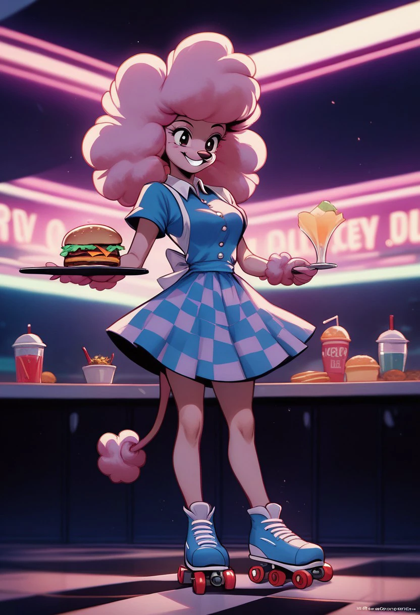 PonyXLV6_Scores BREAK  pearlescent, Capture the lively atmosphere of a 1950s diner, (waitress:1.3) on roller skates, serving a (juicy burger:1.2) meal. Emphasize her (poodle skirt:1.4), (bright smile:1.1), and (retro decor:1.2) with checkered floors, neon lights, and classic booths. Inspired by the works of (Richard Avedon:1.3) and (William Eggleston:1.2)., cinematic angle, cinematic lighting, dynamic pose,