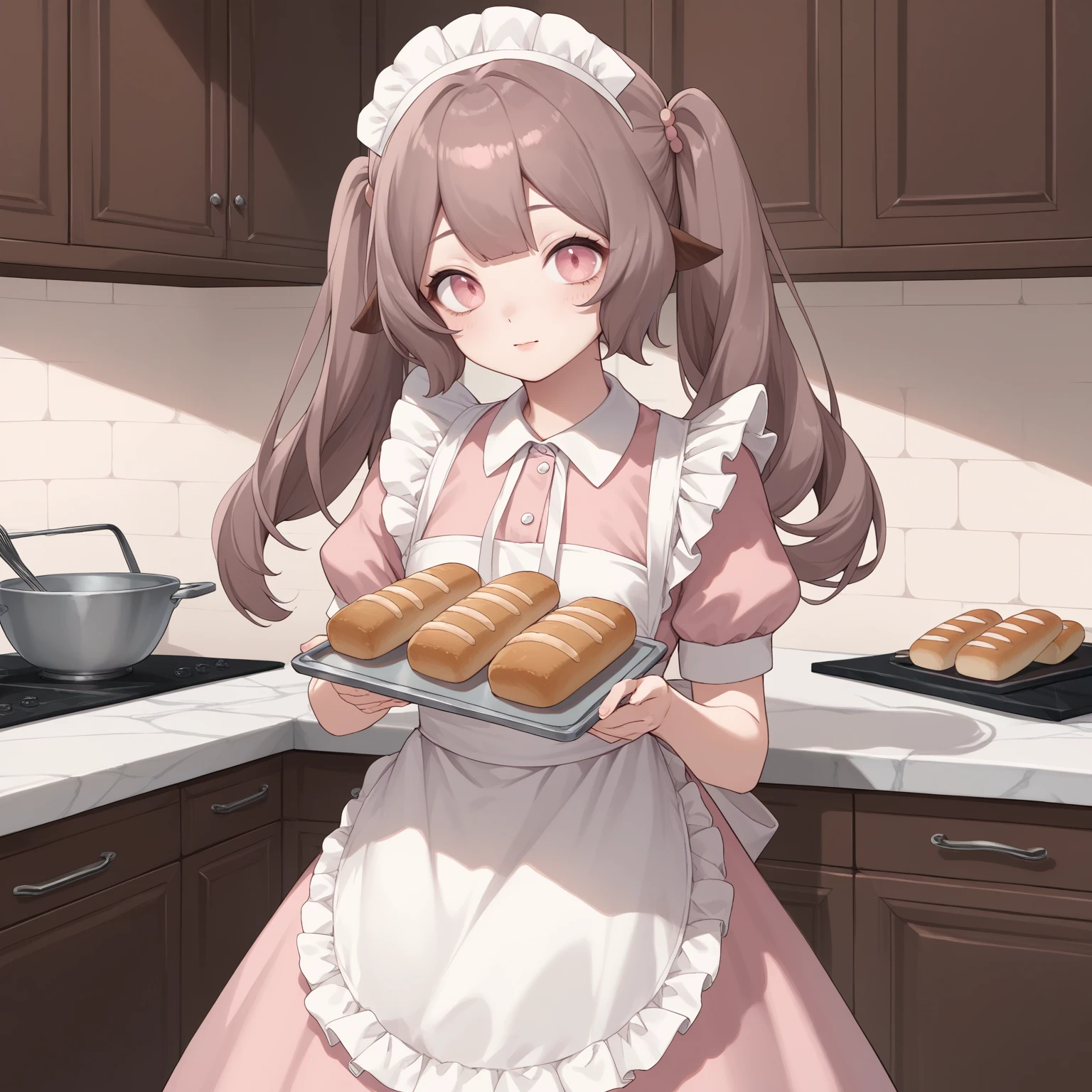 score_9, score_8_up, score_7_up, score_6_up, score_5_up, score_4_up, source_anime, rating_safe BREAK
3ssie, 1girl, pink eyes, animal ears, brown hair, long hair, twintails, blunt ends,
maid, apron, headdress, frills,  garter straps,portrait,
kitchen, holding bread, standing,
 <lora:essiech_3ssie_v1:1>