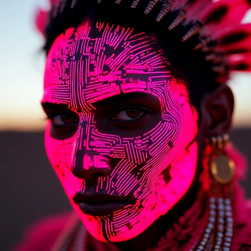 The image is a highly detailed, digital artwork featuring a stylized portrait of a person with a striking, futuristic aesthetic. The subject is a native American woman, her face adorned with intricate, glowing neon patterns in shades of pink and white, creating a cyberpunk or tribal-inspired design. Her face is covered in geometric and circuit-like patterns that seem to pulse with a rhythmic, almost holographic effect.