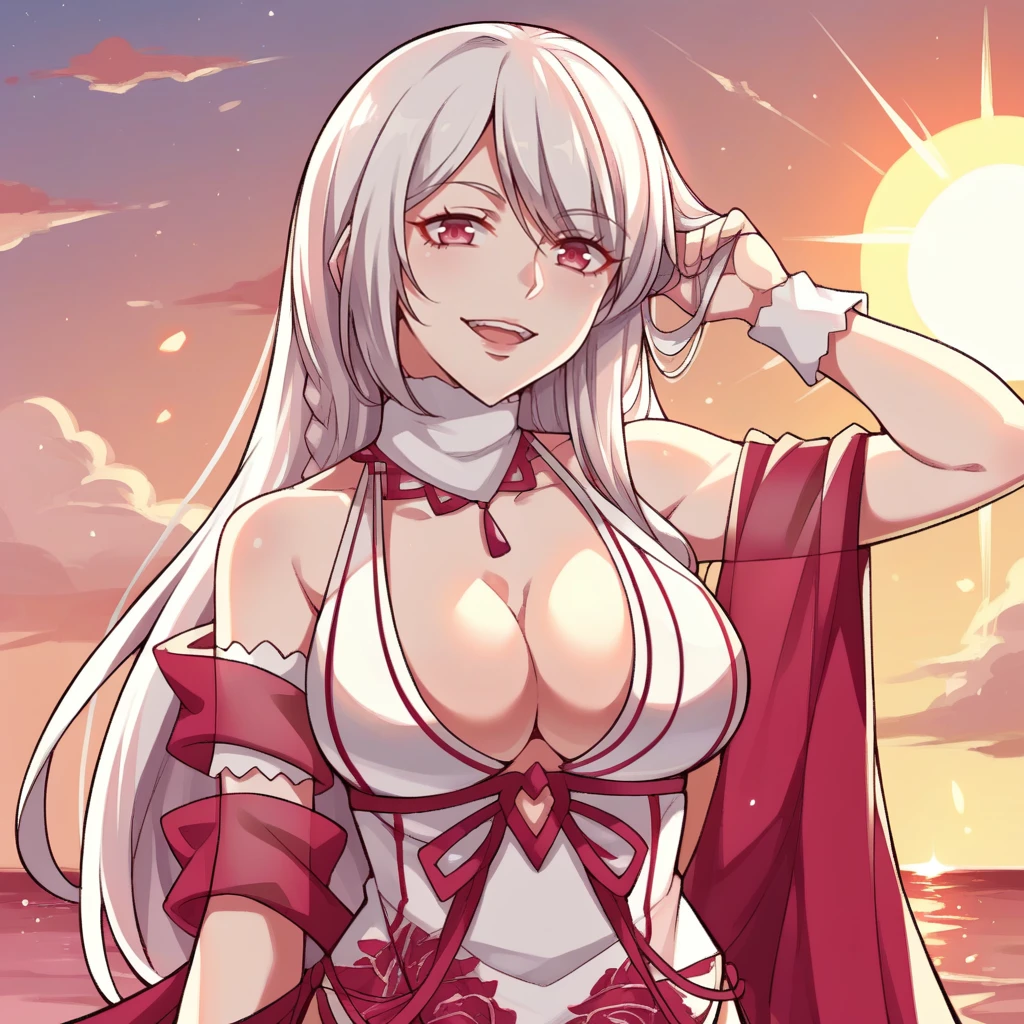 score_9_up, score_8_up, score_7_up, source_anime, 1girl, solo, sun light, sky, clouds, standing, naughty smile, half-opened mouth, hand in hair, upper body, face focus, angled shot, looking at you, Shan_Qing, Luo_Def, long hair, white hair, pink eyes, china dress, white dress, cleavage, halterneck, detached collar, turtleneck, red shawl, shawl, armband, garter straps, white pelvic curtain, floral print, braid, mature body, dynamic cowboy shot, 