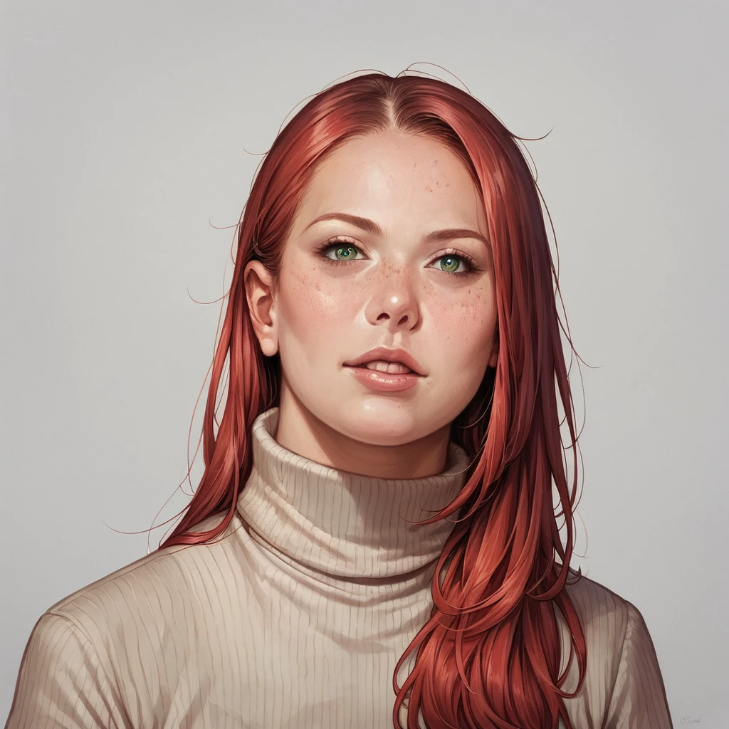 SierraSkye,solo,white background,turtleneck sweater, score_9,score_8_up,score_7_up, 30-y.o- woman, bust portrait,looking at viewer,solo,red hair, green eyes,long hair, freckles,(anime_source|realistic), <lora:SDXL.SierraSkye_v01:.5>