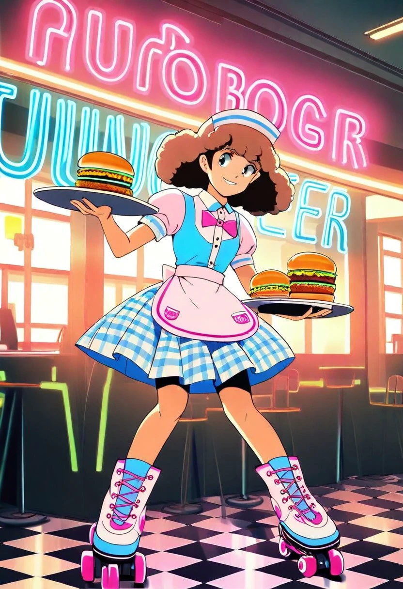 pearlescent, Capture the lively atmosphere of a 1950s diner, (waitress:1.3) on roller skates, serving a (juicy burger:1.2) meal. Emphasize her (poodle skirt:1.4), (bright smile:1.1), and (retro decor:1.2) with checkered floors, neon lights, and classic booths. Inspired by the works of (Richard Avedon:1.3) and (William Eggleston:1.2)., cinematic angle, cinematic lighting, dynamic pose, masterpiece