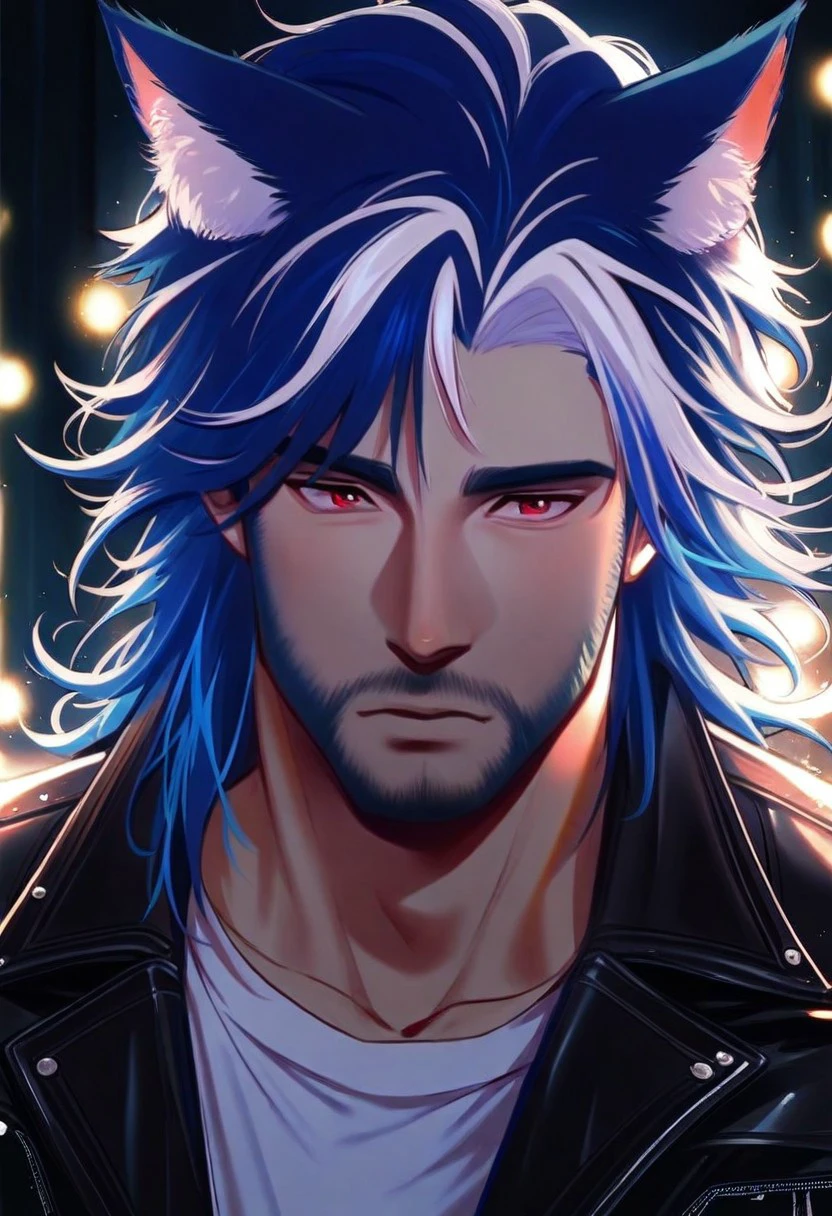 pearlescent, 1boy, male focus, red eyes, blue hair, two tone hair, streaked hair, white hair, medium length hair, cat ears, animal ears, miqote, white shirt, leather jacket,p upper body, mature male, portrait, old, cinematic angle, cinematic lighting, masterpiece