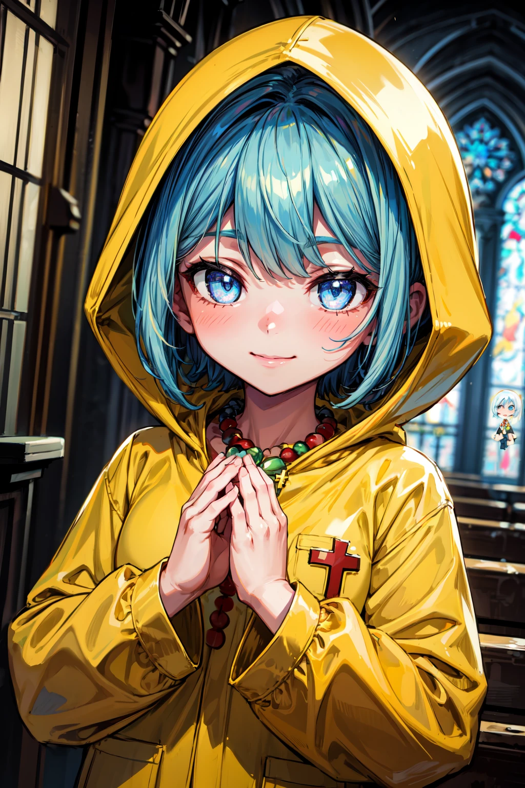 masterpiece,best quality,highest detailed,1girl,Luce,short hair,blue hair,(swept bangs:1.3),blue eyes,jewelry,beads,cross necklace,hood up,yellow raincoat,white shirt,long sleeves,pocket,smile,praying,own hands together,church,upper body,<lora:Concept-control tool-add_detail-CyberAIchemist:0.5>,<lora:Luce(jubilee_2025):1.2>,