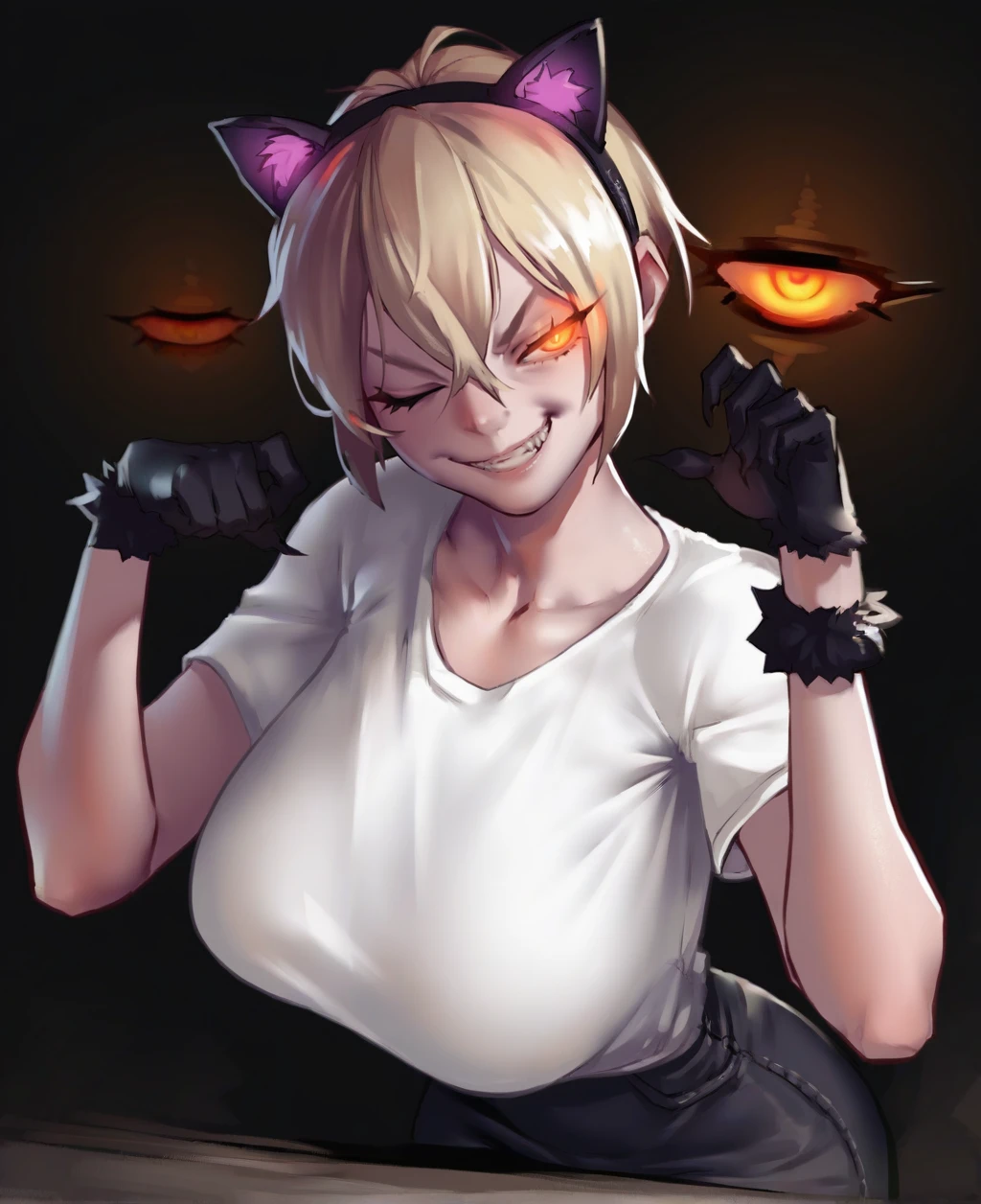 score_9, score_8_up, score_7_up, score_6_up, source_anime, 1girl, large breasts, smug, epic pose, blonde hair, fake black cat ears, white t-shirt, orange eyes, one eye closed, glowing eye,  <lora:trip-15:0.85>