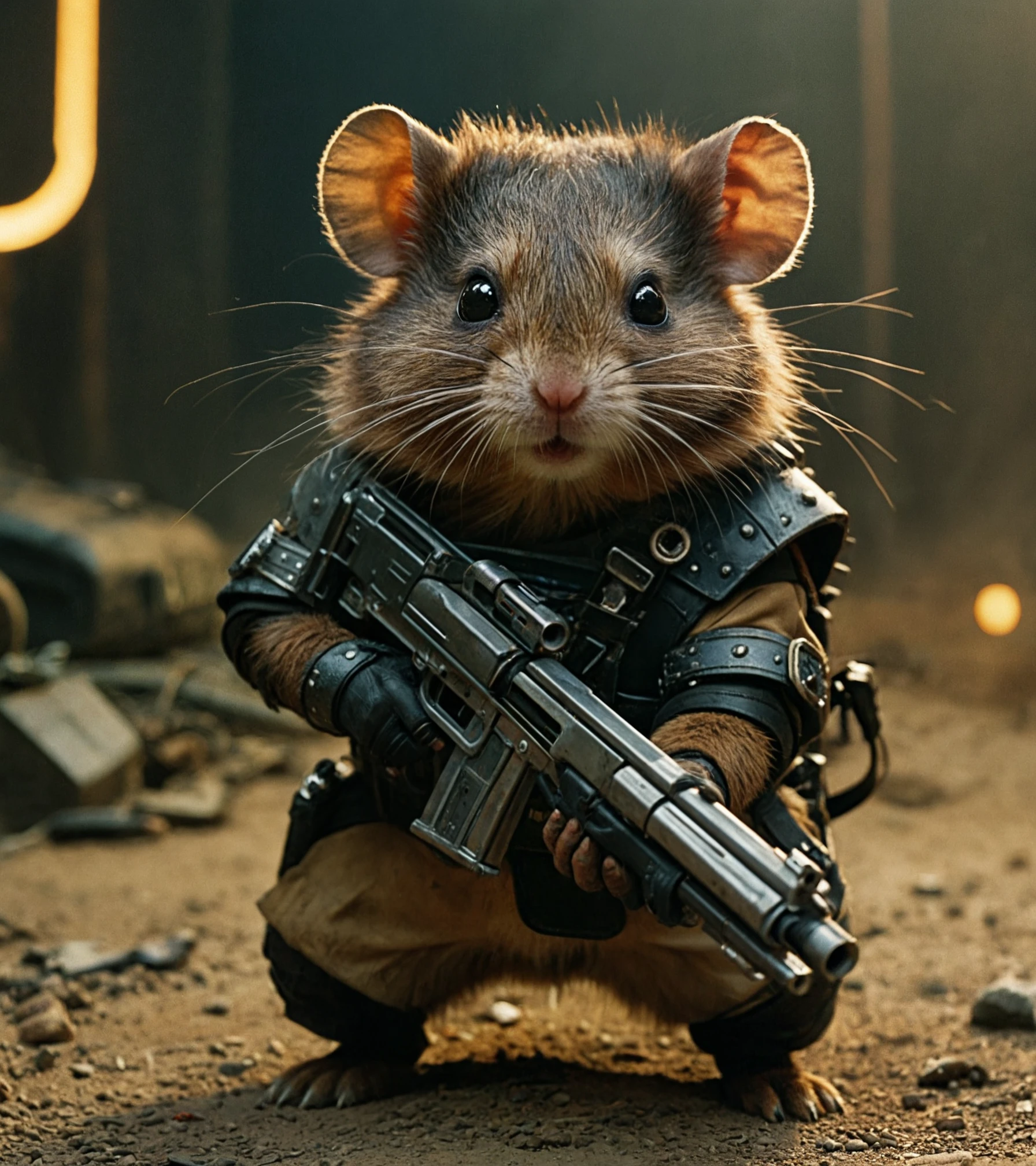 A dark Hamster, embodying the relentless Commander of a post-apocalyptic battalion, grips a futuristic plasma rifle with a stern expression, captured in a scene reminiscent of "Mad Max," shot on Kodak Portra 400 film with a Hasselblad 500C camera, moody lighting, ultra fine detail, cinematic. zavy-rghflt