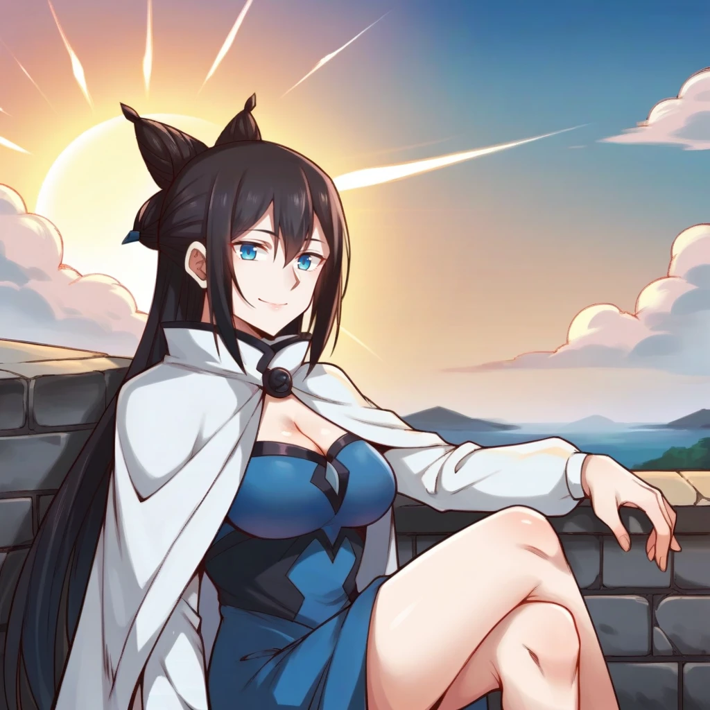 score_9_up, score_8_up, score_7_up, source_anime, 1girl, solo, sun light, sky, clouds, sitting on stone ledge, crossed legs, hand on lap, looking at you, from side, angled shot, smile, head tilt, Su_Yan, SY_Def, black hair, cone hair bun, black hair, blue eyes, long dress, multicolored dress, white dress, blue dress, cleavage, cape, high collar, white cape, blue skirt, long skirt, hair bun, long hair, white sleeves, long sleeves, mature body, dynamic cowboy shot, 