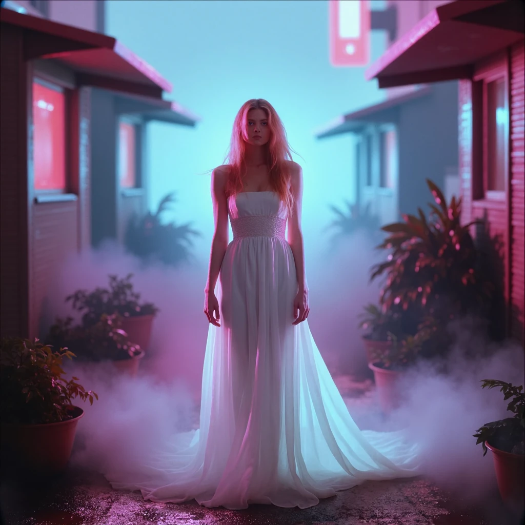 Imagine an image in the style of a desolate cyberpunk alley drenched in thick fog, where a pale blonde woman stands alone in a flowing white dress that glows softly in the ambient neon light. Her dress contrasts starkly with the grime and shadows around her, while her icy gaze reflects the fractured hues of neon pinks and blues. The fog swirls around her ankles, lending her an ethereal, ghostly presence in the gritty, dystopian streets.