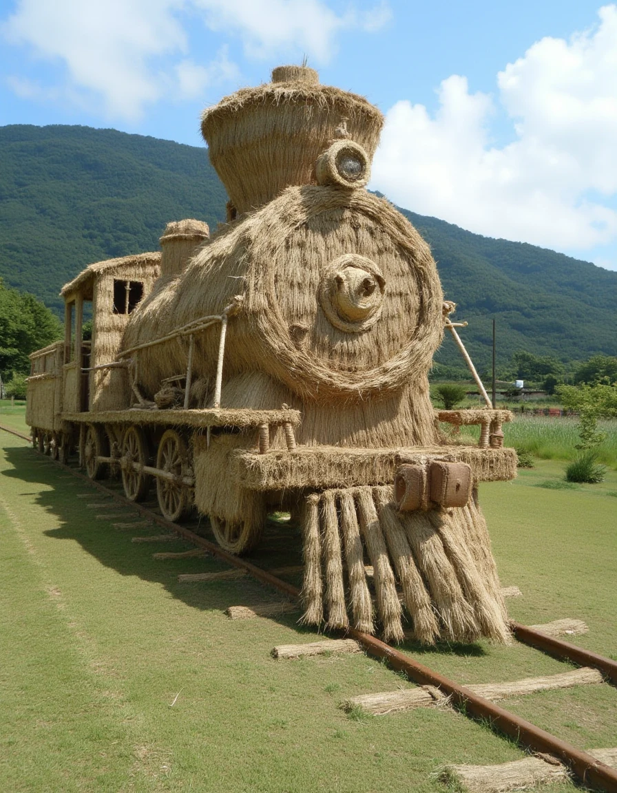 a distrw style sculpture of a train chugging along a hillside <lora:straw-sculptures_v10_rank16_bf16-step00945:1>