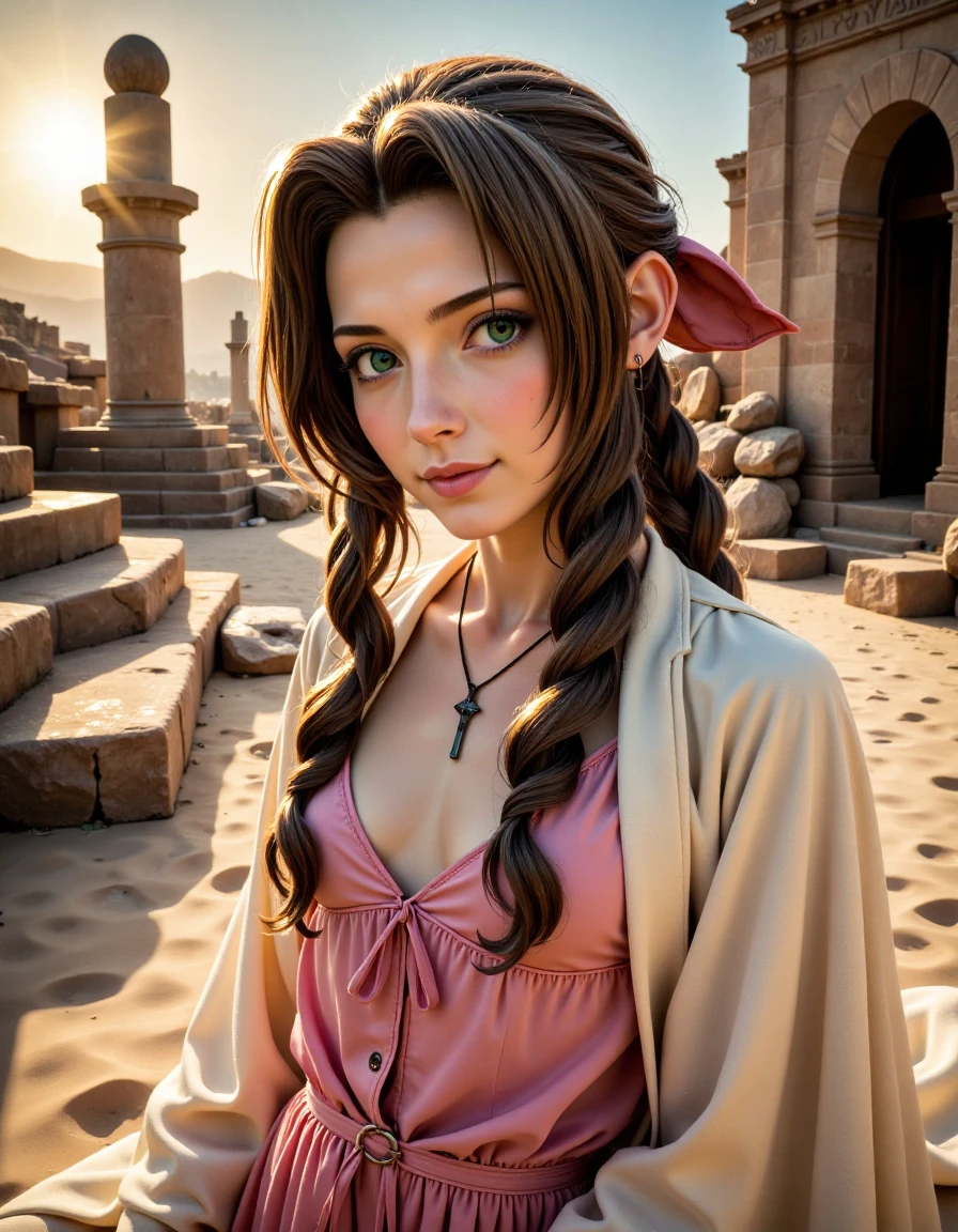 Aerith_FF7_Real_Final, Extreme close-up portrait of Aerith, cropped from upper chest to mid-forearm, set against the stark beauty of ancient desert ruins. Her emerald-green eyes radiate with hope and kindness, softened by her fair, slightly sun-kissed skin. Her brown hair is swept back into her signature braid, with a few strands catching the warm desert breeze. She wears her familiar pink dress with a light, sand-colored shawl draped over her shoulders, shielding her from the sun. Behind her, crumbling stone pillars and carvings rise from the desert sands, and the golden light casts long shadows across the ruins, evoking a sense of lost history and timeless resilience. [Composition: Tight 85mm lens effect, capturing Aerith’s gentle yet resilient nature against the rugged, timeless landscape.]