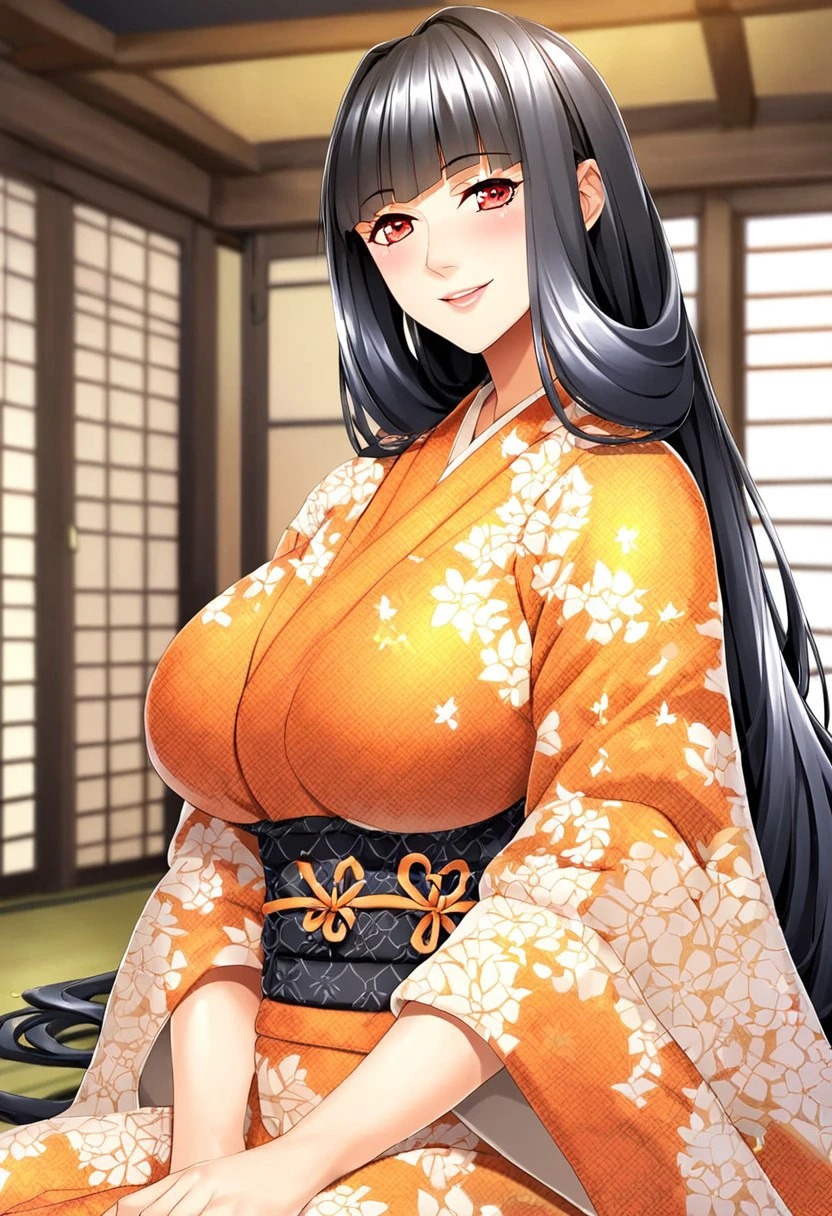 score_9, score_8_up, score_7_up, anime style, 2D-style face, high resolution, Detailed face, Best quality, ultra-detailed eyes, High-resolution portrait, sharp, subtle blush, Sharp, vivid eyes with subtle highlights, source_anime, anime style, 1girl, solo, solo focus, long hair, straight hair, black hair, red eyes, pale, huge breasts, young adult, mature woman, traditional orange kimono, orange and white floral pattern, gentle smile, folded arms, elegant pose, floral design, soft expression, traditional attire, detailed pattern, calm demeanor, cultural dress, intricate hairstyle, Japanese aesthetic, white flower motifs, smooth fabric, Japanese background, interior,