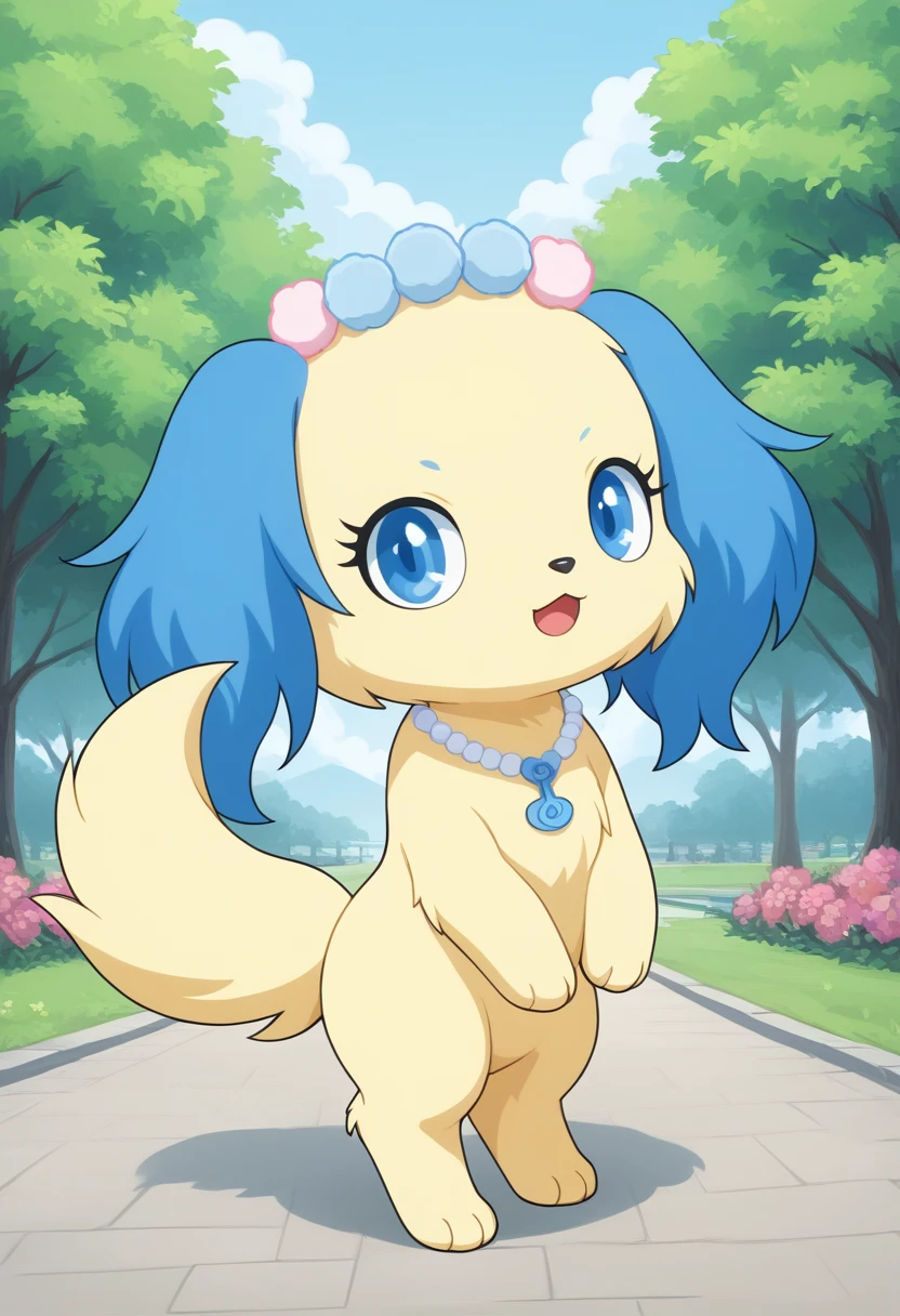 score_9, score_8_up, score_7_up, score_6_up, score_5_up, BREAK
Sapphie, anthro, female, jewelpet, yellow fur, blue ears, solo, looking at viewer, open mouth, blue eyes, jewelry, standing, full body, flower, necklace, no humans, furry, dog, park, dynamic pose