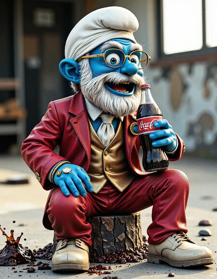 zombie create a 3D rendering of a smurf, dressed in a red and white golden suit, with expensive gold watch and glasses, Doing an adventure for Coca cola drink. Visualise him holding and drinking a bottle of coca cola bottle drink, and sitting on a stool, with a backdrop of coca cola drink splash, HD