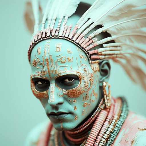 This image is a highly detailed, digital artwork depicting a futuristic, cybernetic portrait of a person with a striking, stylized appearance. The subject is a young adult with a shaved head, adorned with a large, elaborate headdress made of white feathers and pink accents, suggesting a blend of Native American and futuristic elements. The person's face and neck are covered in intricate, metallic circuitry, painted in a pastel blue and mint green color scheme, creating a cybernetic, high-tech aesthetic.