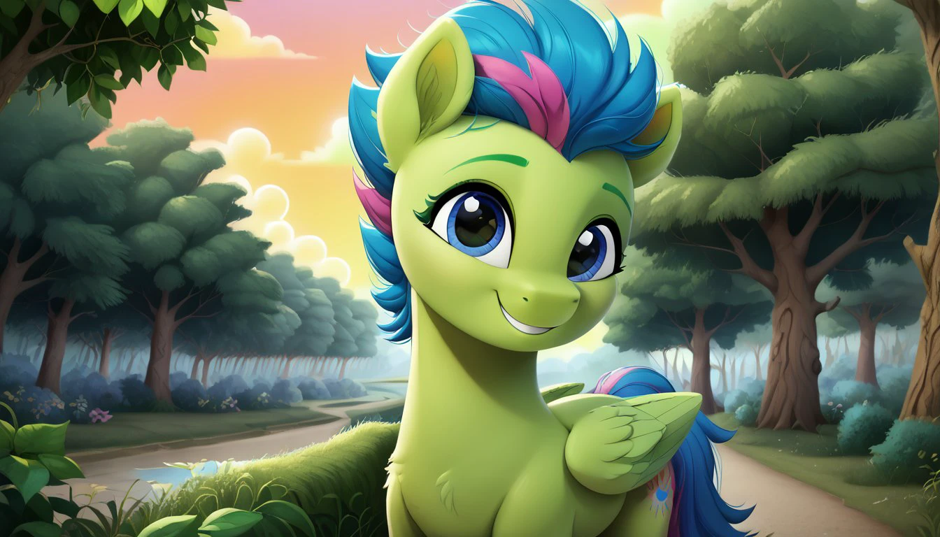 score_9, score_8_up, score_7_up, score_6_up, score_5_up, score_4_up, rating_safe, <lora:Luminous Dazzle:1>Luminous Dazzle, Body Lime Green, Pegasus
,  Big forest with yellow, green and red leaves at sunset, in the background, fantasy, professional canvas, triad colours, deep colour, voluminous lighting, shading with dark edges, richly detailed, matte background, octane render style. (cute, pony, small,) (high quality, detailed, beautiful), radiant, adorable face, detailed beautiful eyes, realistic, outstanding, counter shading, detailed soft lighting, cinematic vintage photography. <lora:mlp_g5(1):1> <lora:Wholesome_MLP-v1.2:1> 
 <lora:3D_Animation_Diffusion_Pony_style:0.3> <lora:Realistic000003_1_2.5DAnime_0.05_Merge1:1>