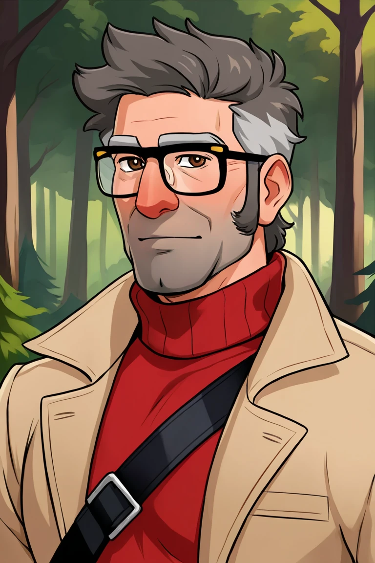 masterpiece, best quality, highres, extremely aesthetic, stanford pines, 1boy, solo, male focus, mature male, muscular male, old man, short hair, grey hair, two-tone hair, brown eyes, thick eyebrows, glasses, black-framed eyewear, facial hair, stubble, long sideburns, looking at viewer, open clothes, beige coat, trench coat, red turtleneck sweater, strap, buckle, standing, upper body, portrait, outdoors, forest, pine tree <lora:Stanford (Ford) Pines - Gravity Falls v1.0 MIX [LoRA] - NoobAI-XL EPS 1.0:0.8>