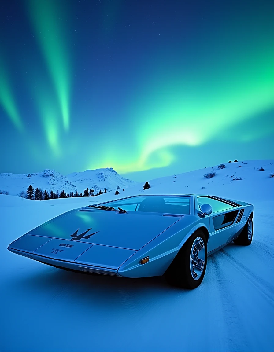 mas3r,Sky-blue 1972 Maserati Boomerang parked on a snowy hill under a vivid aurora borealis display. The car reflects the swirling greens, purples, and blues of the northern lights above, creating a mesmerizing glow against the stark, icy landscape. The soft snow contrasts with the car's angular body and sharp details