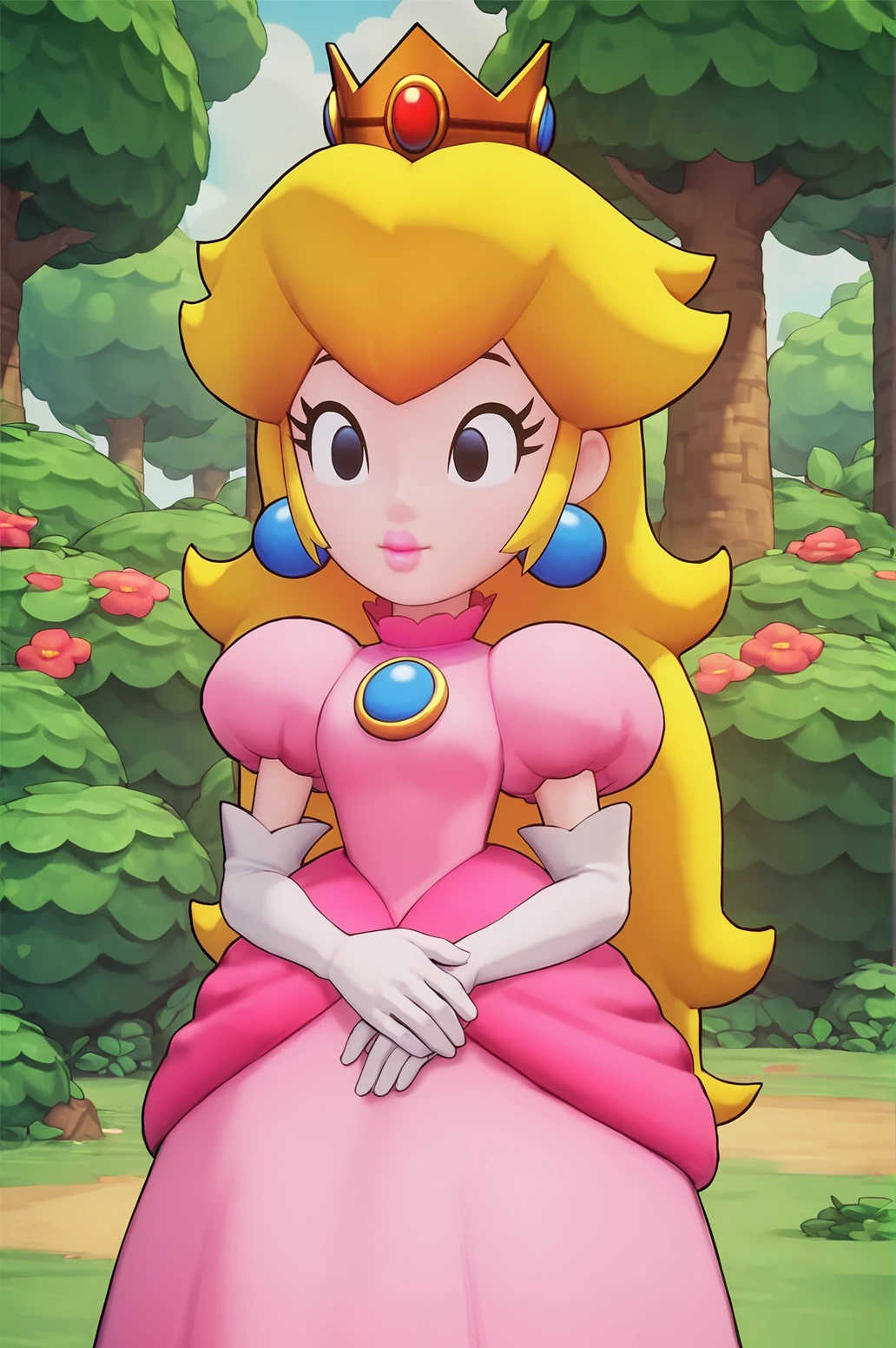 1girl, princess peach in front of a bunch of trees, blonde hair, solo, gloves, elbow gloves, white gloves, pink dress, score_9,  score_8_up, score_7_up, score_6_up, 
<lora:PrincessPeach_MLBstyle2:1>