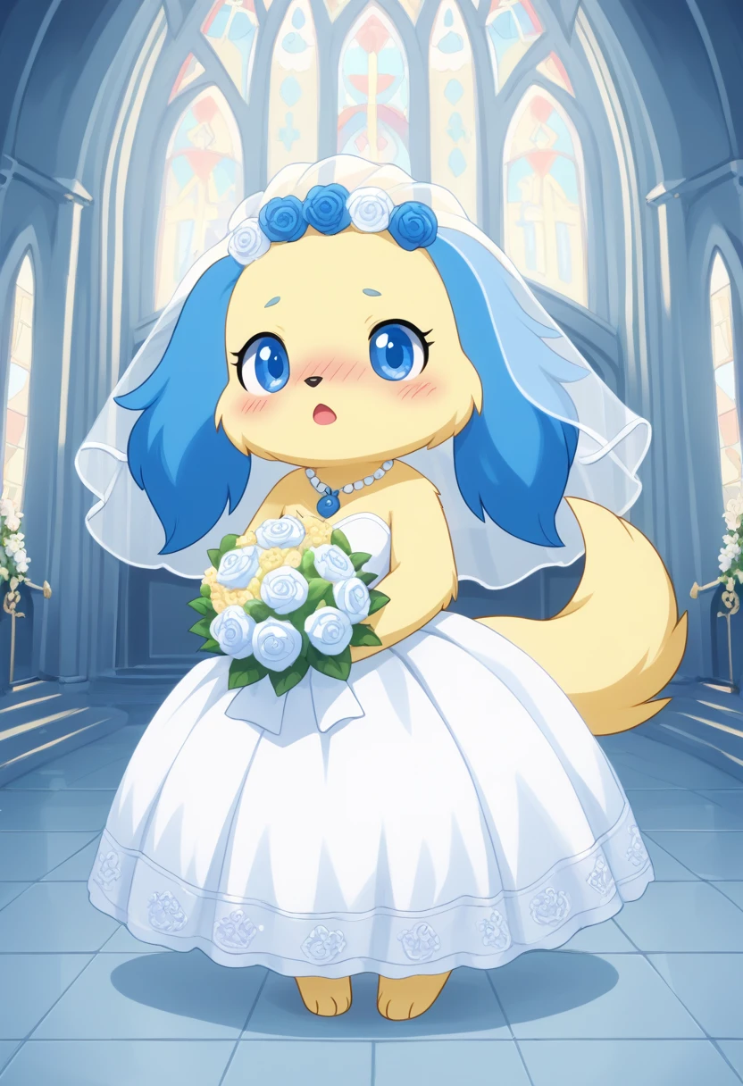 score_9, score_8_up, score_7_up, score_6_up, score_5_up, BREAK
Sapphie, anthro, female, jewelpet, blue ears, yellow fur, solo, looking at viewer, open mouth, blue eyes, jewelry, full body, flower, necklace, no humans, furry, dog, dynamic pose, yellow tail, church, wedding dress, wedding veil, bouquet, blush, deep blush, nose blush