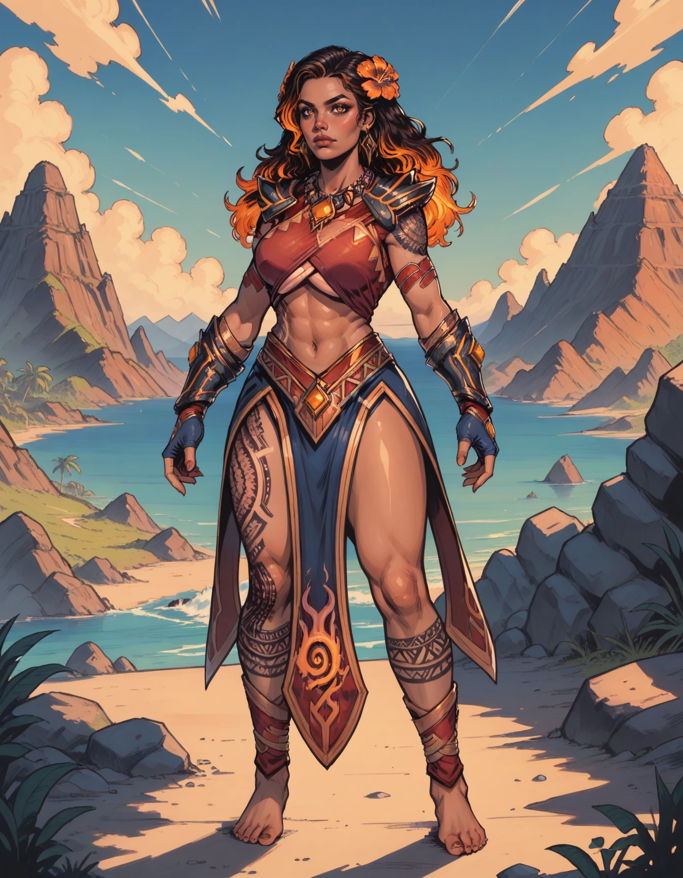 score_9, score_8_up, score_7_up, PeleSmi, arms crossed, (slight smile:0.5),
solo, long hair, breasts, brown hair, tribal tattoo, navel, orange eyes, full body, outdoors, earrings, necklace, bracer, dark-skinned female, dark skin, pauldrons, gem, barefoot, midriff, hair flower, fingerless gloves, multicolored hair, fiery hair, orange hair, underboob, pelvic curtain, volcano, tropical island,
<lora:Pele_-_Smite_PDXL-000005:0.8>