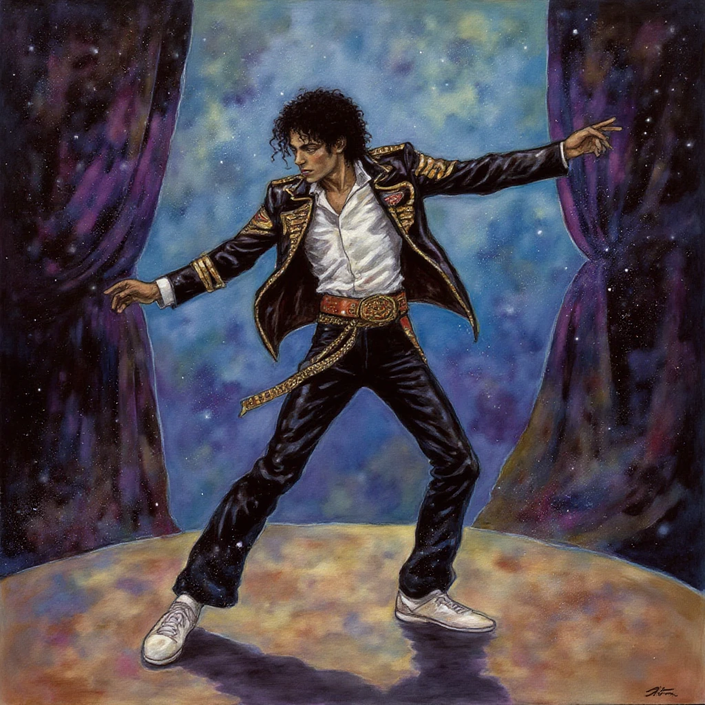 Painting in the style of r3b3cc4gu4y artstyle: michael jackson doing a moonwalk in a show stage