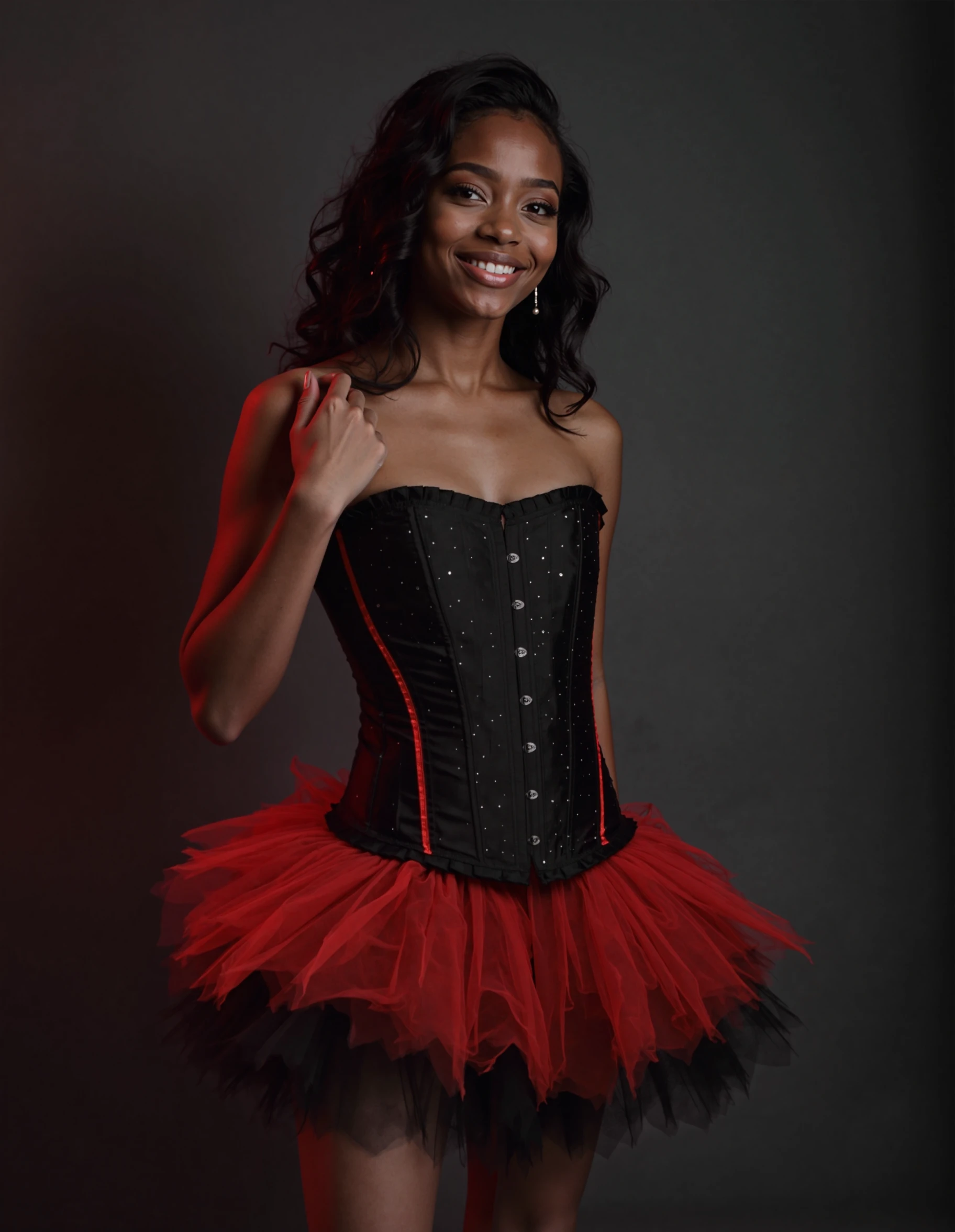 This is a highly detailed, realistic photography depicting a very dark black african woman with very dark skin wearing bla4ckf3athers clothing. She is wearing a black corset, layered red and black tutu-style skirt. She has streaked black hair and smiling. She is touching her shoulder and head tilt to side. Full front body shot, she is looking at viewer. Background features dark colors and side lights casting light on the woman.  <lora:FLUX\FLUX.1-Turbo-Alpha\FLUX.1-Turbo-Alpha.safetensors:1.0>     <lora:MyTrainings\Test\Black_Red_Tutu_Skirt_Corset_F1D_ARZUMATA.safetensors:1.0>