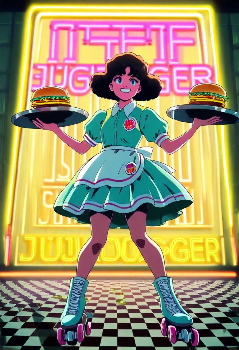 pearlescent, Capture the lively atmosphere of a 1950s diner, (waitress:1.3) on roller skates, serving a (juicy burger:1.2) meal. Emphasize her (poodle skirt:1.4), (bright smile:1.1), and (retro decor:1.2) with checkered floors, neon lights, and classic booths. Inspired by the works of (Richard Avedon:1.3) and (William Eggleston:1.2)., cinematic angle, cinematic lighting, dynamic pose, masterpiece