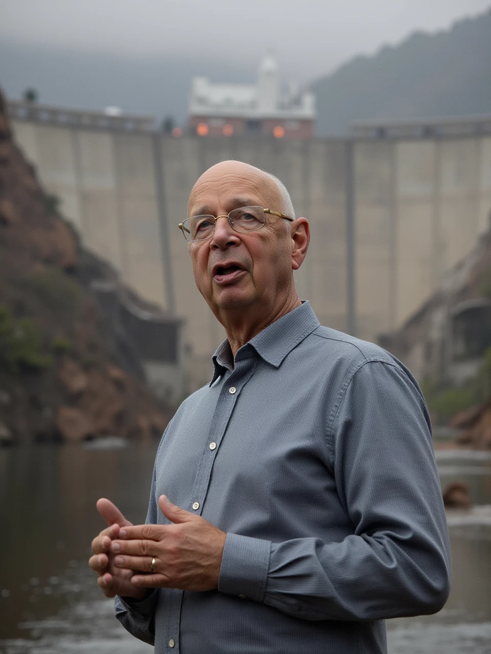 kl4u55chw48 a man wearing glasses, standing in front of a demolished dam, giving a speech about the necessity of radical changes for global stability, while destruction unfolds behind him. <lora:Klaus-Schwab_Flux_v01e07:1>