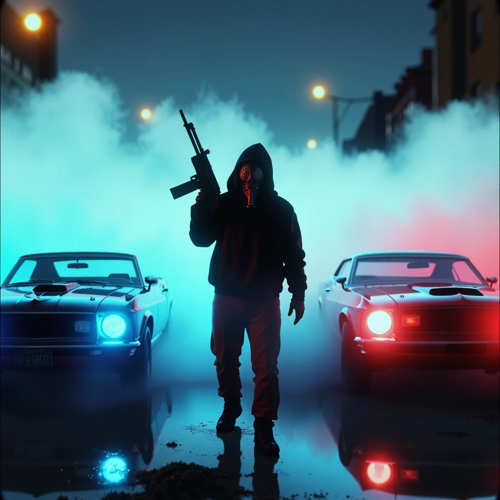 Imagine an image in the style of a neon-infused 80s sci-fi noir, with the hooded gas-masked figure standing between two vintage muscle cars shrouded in thick fog. Red and blue headlights pierce the mist, their beams fading into the darkness. The figure grips a futuristic weapon, silhouetted against the gritty cityscape, as a palpable tension fills the fog-laden air.