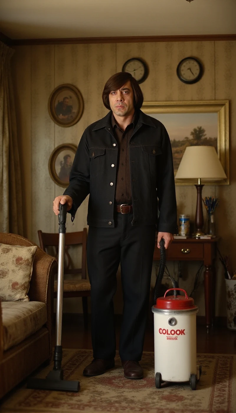 <lora:Anton_Chigurh:0.9> anton chigurh,, realistic, brown hair. He is vaccuming a vintage livingroom with a vaccumcleaner