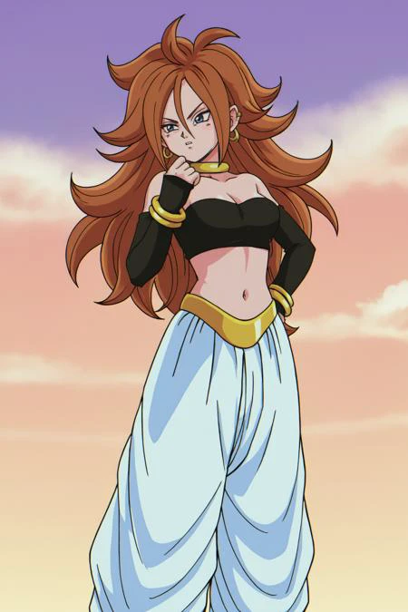 source_anime, score_9, score_8_up, score_7_up, anime screencap,
android 21, human, long hair, blue eyes, brown hair, hair between eyes, earclip, earrings, detached sleeves, bracelet, collarbone, tube top, midriff, navel, majin pants, majin boots, wasteland, sky, 1990s \(style\), retro artstyle,
<lora:android21_pony_v1:0.8>