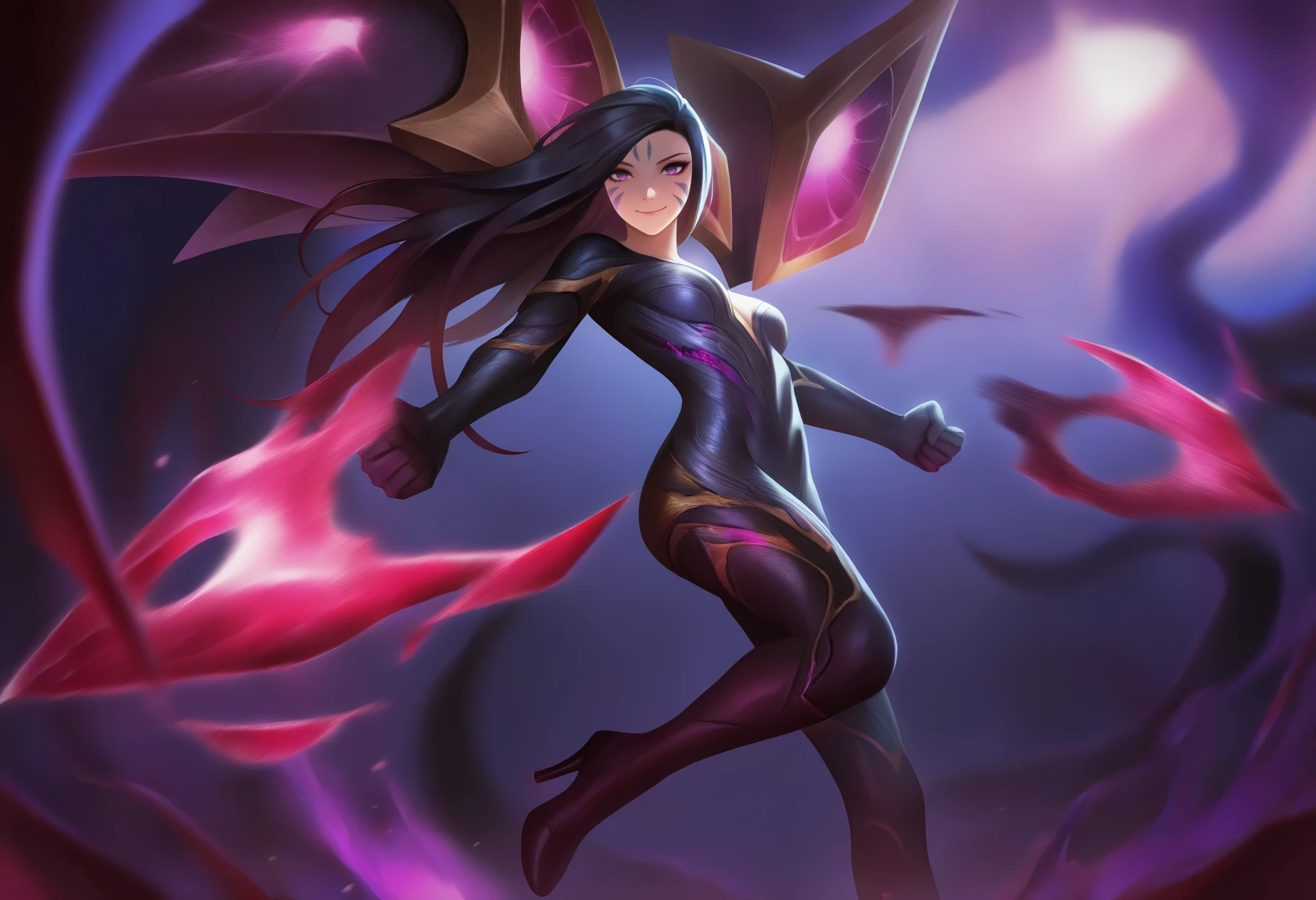 masterpiece, best quality, very aesthetic, absurdres,
1girl, kaisa, black hair, long hair, purple eyes, facial mark, bodysuit, wings, high heels,
action pose,  smile, standing, full body, looking at viewer, solo, cowboy shot, otherworld, flesh wall, darkness corruption, darkness background   <lora:KaisaIllustriousXL_byKonan:1>