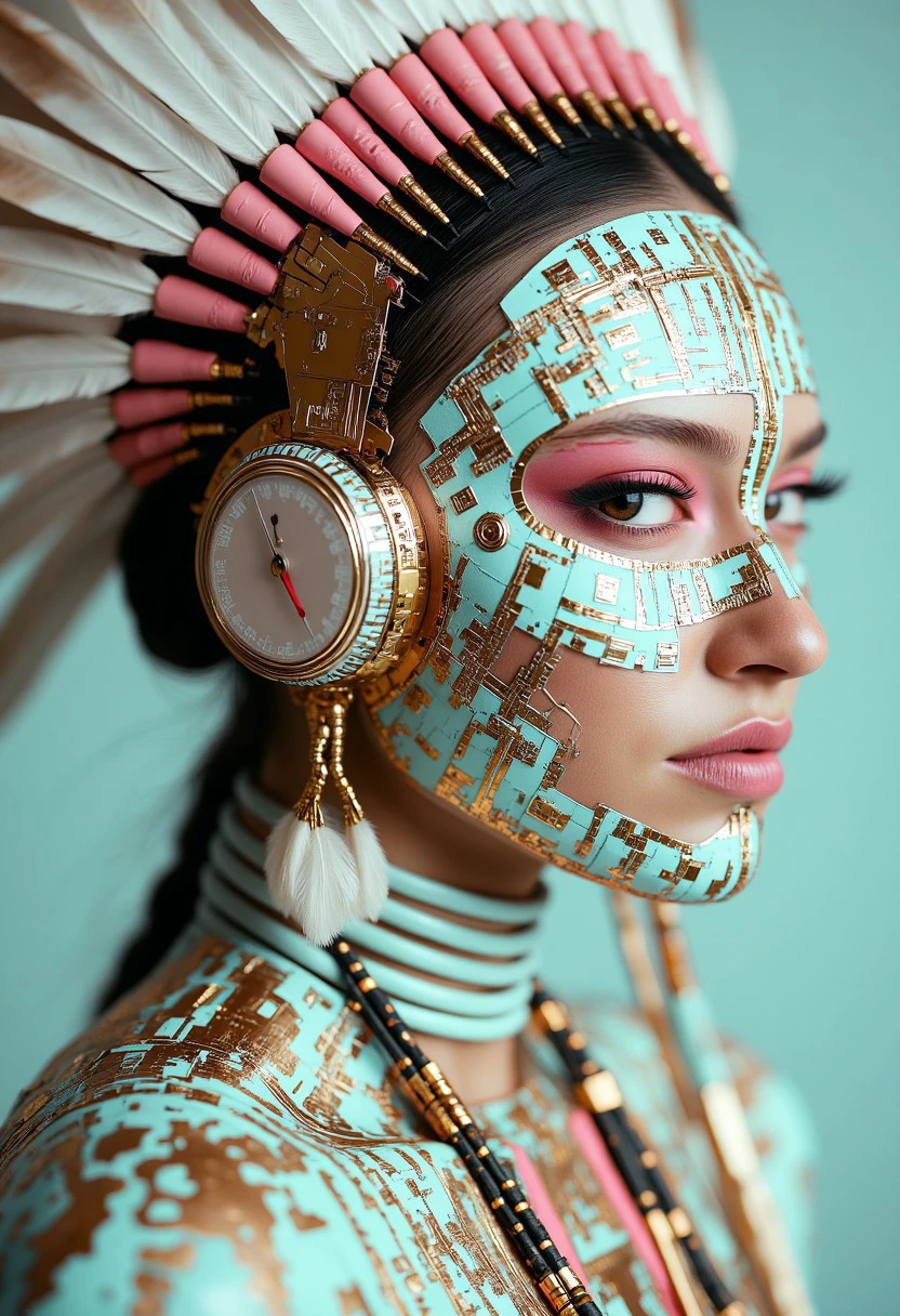 Beautiful native American woman, adorned with a large, elaborate headdress made of white feathers and pink accents, suggesting a blend of Native American and futuristic elements. The person's face and neck are covered in intricate, metallic circuitry, painted in a pastel blue and mint green color scheme, creating a cybernetic, high-tech aesthetic. Smiling, flirty