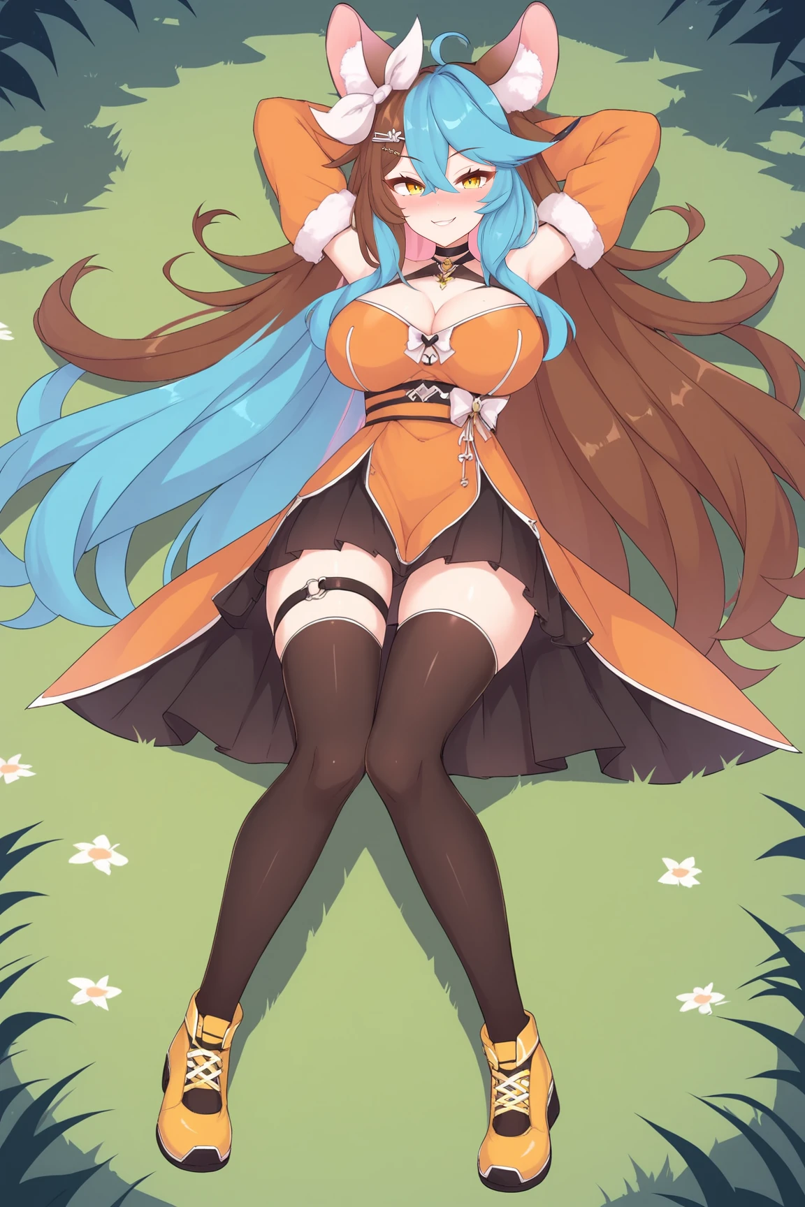 (masterpiece:1.2), best quality,PIXIV, Windranger anime style,
1girl, feet, long hair, thighhighs, green eyes, soles, solo, breasts, hair ornament, legs up, no shoes, white thighhighs, red hair, underwear, legs, ass, panties, toes, white panties, looking at viewer, cleavage, thighs, cameltoe, hair flower, full body, flower, foot focus, blush, gradient
<lora:Windranger:0.8>