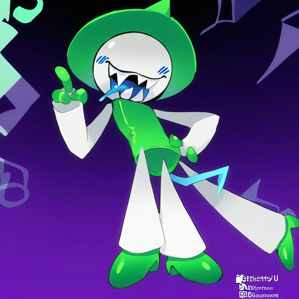 angry, 4 fingers, blue blush, hand up, black background, one-eyed, short, 3 fingers, green theme, hidden eyes, male focus, open mouth, cartoonish, solid oval eyes, hat hiding face, gradient, solo, minimalist look, spread legs, halftone, happy, white pants, gloves, annoyed, frown, smiling, colored tongue, solid black oval eye, tongue, blush stickers, sharp teeth, no eyes, shrug, artist logo, long arms, curved tail, full body, checkered background, pointing, from below, hands on body, Tongue, unseen face, looking to the side, blue tongue, purple background, hands on hips, saliva