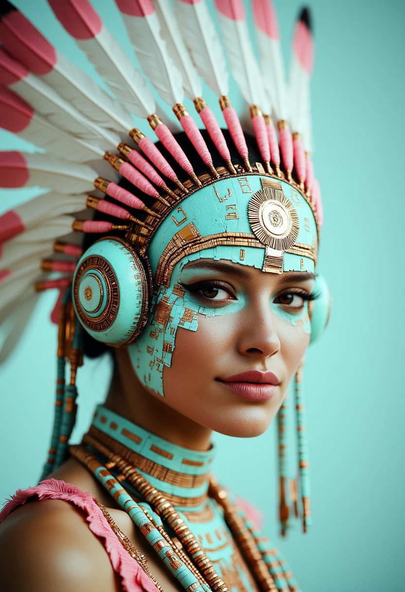 Beautiful native American woman, adorned with a large, elaborate headdress made of white feathers and pink accents, suggesting a blend of Native American and futuristic elements. The person's face and neck are covered in intricate, metallic circuitry, painted in a pastel blue and mint green color scheme, creating a cybernetic, high-tech aesthetic. Smiling, flirty