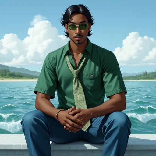 water, necktie, sitting, denim, cloud, glasses, dark-skinned male, green shirt, holding