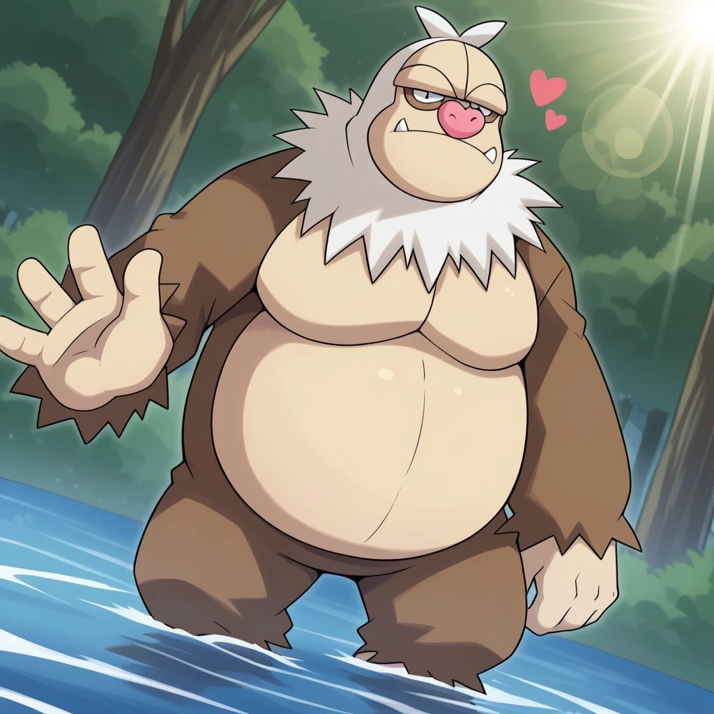 1boy, solo, backlight, detail background, pokemon (creature), 2d, anthro male, pokemon (creature), fat, beige hands, beige feet, beige face, overweight, plump body, belly, brown body/fur, two tones fur, featureless crotch, broad shoulders, thick arms, big belly, big hands, dense white hair around the neck, large pink nose, hands with five fingers, feet with four toes, narrow eyes, big eyes, black dot eyes, black eyes, dark brown eye markings, heavy brow, fangs visible, pronounced jaw, no ears, big feet, white fur around the face, short hair, two pointed white hair, no hair on forehead, dof, lake, daytime, lens flare, lens distortion, male, solo, big pectorals, large pectorals, waving to viewer, looking at viewer, dutch angle, heart, Expressiveh