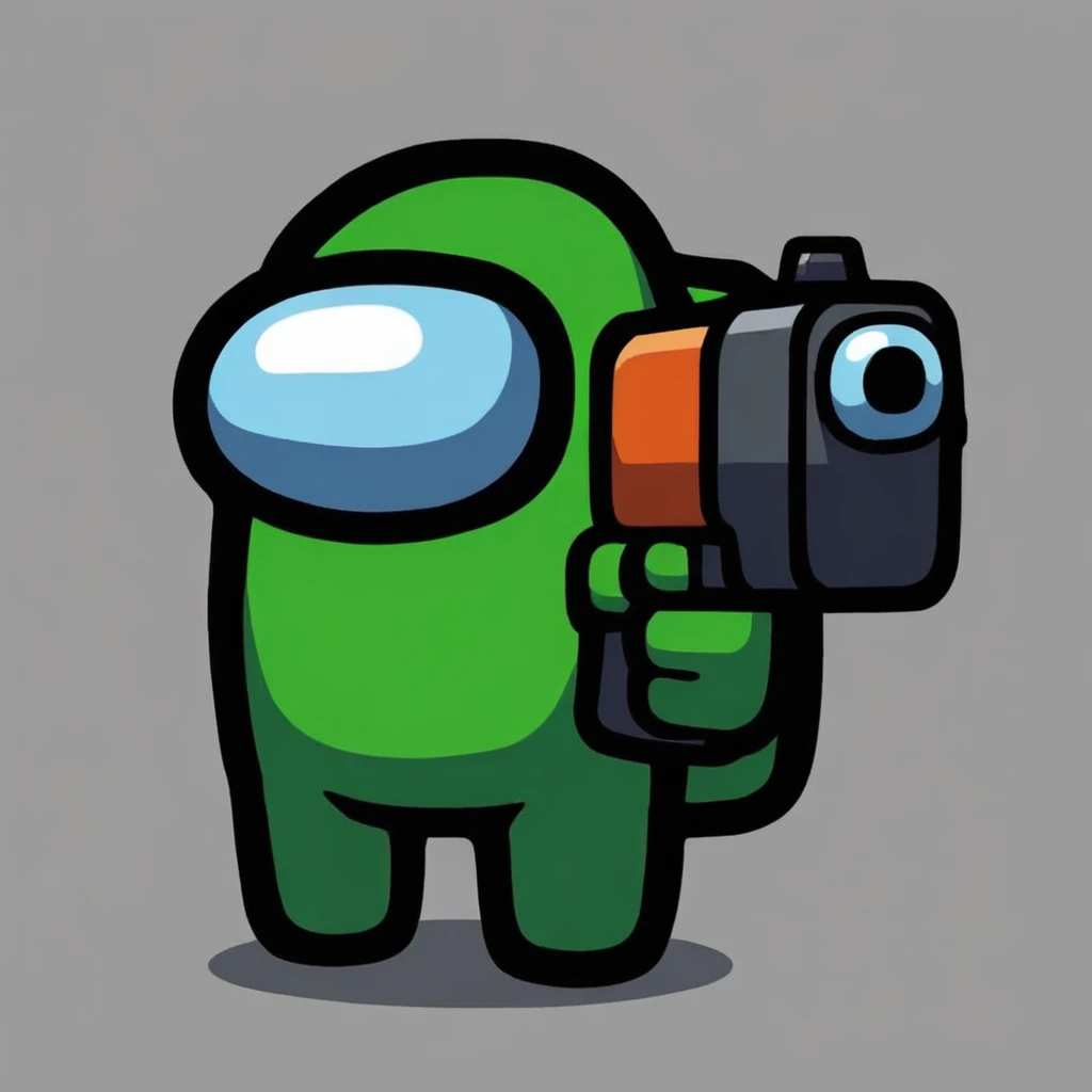 crewmate (among us), spacesuit, space helmet, solo, full body, gangster green costumes, holding a pistol,