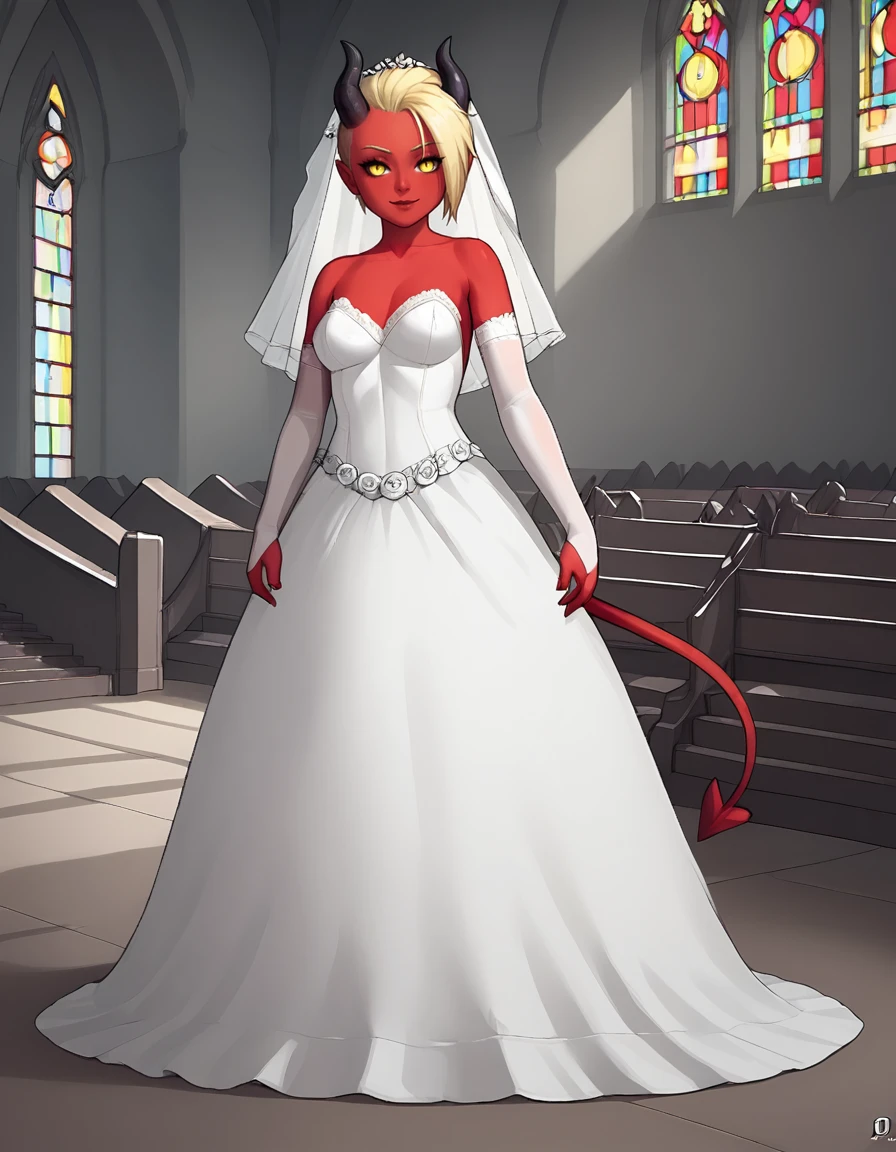 indoors,detailed background,church,
Mara,1girl,solo,short hair,blonde hair,horns,demon girl,demon horns,red skin,yellow eyes,demon tail,
long eyelashes,seductive smile,
bride,bridal gauntlets,bridal garter,bridal veil,
<lora:Mara_v01_PDXL:1>,