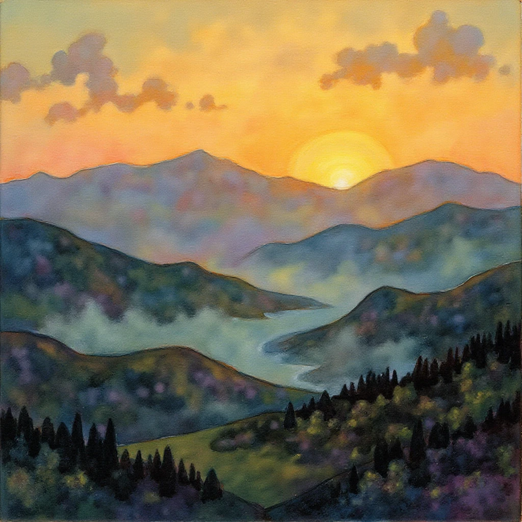A landscape mountains in the horizon sunset. Painting in the style of r3b3cc4gu4y art style