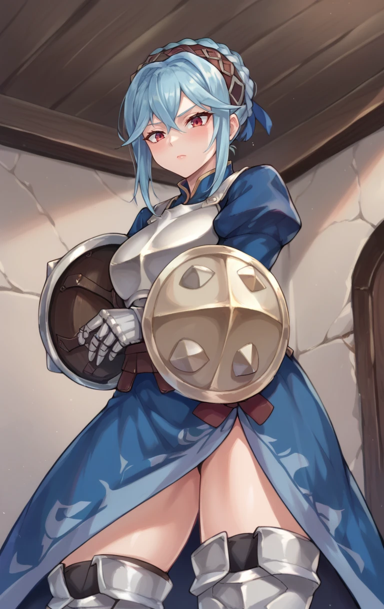 score_9,score_8_up,score_7_up BREAK <lora:Virginia:1>,VirginiaunicornoverlordMarlo,1girl,red eyes,long sleeves,dress,blue hair,braid,sidelocks,hairband,boots,armor,blue dress,gauntlets,shield,breastplate,armored boots,crown braid,cowboy shot,room, room background,  from below,