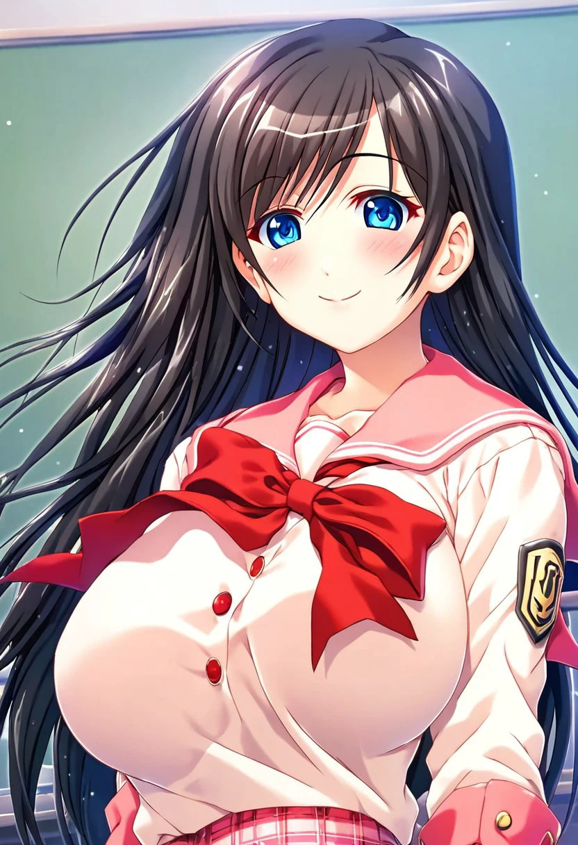 score_9, score_8_up, score_7_up, anime style, 2D-style face, high resolution, Detailed face, Best quality, ultra-detailed eyes, High-resolution portrait, sharp, subtle blush, Sharp, vivid eyes with subtle highlights, source_anime, anime style, 1girl, solo, solo focus, long hair, black hair, Asymmetrical Sidehair, blue eyes, soft smile, huge breasts, pink sailor school uniform, large red bow, long-sleeved top, pink plaid skirt, shoulder emblem, red trim, detailed shading, classic school look, traditional appearance, gentle expression, standing, upper body, classroom background