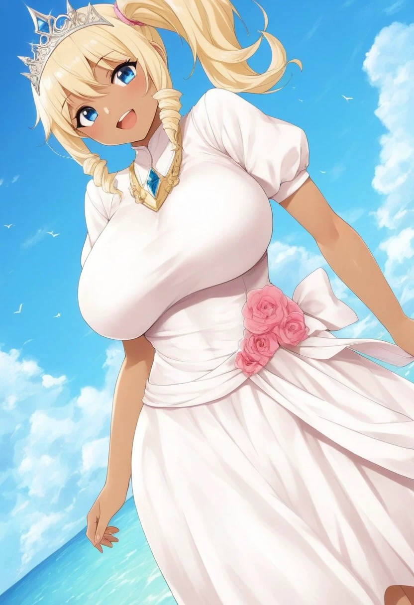 score_9, score_8_up, score_7_up, 1girl, solo, princess meltys, dark-skinned female, large breasts, blonde hair, drill sidelocks, side tail, ganguro, tiara, pink floral scrunchie, white dress, smiling, open mouth,, outdoors, blue sky, dutch angle, cowboy shot,